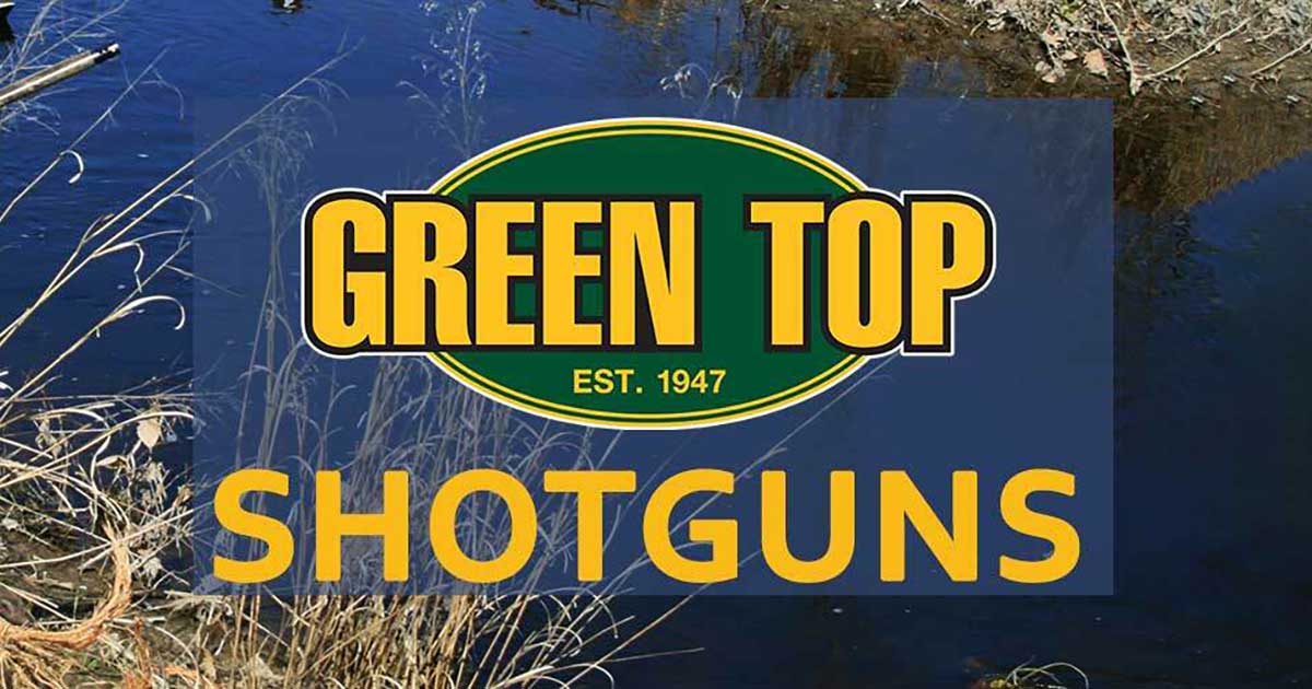 Hunter pointing shotgun over water with Green Top Logo and the word "SHOTGUNS"