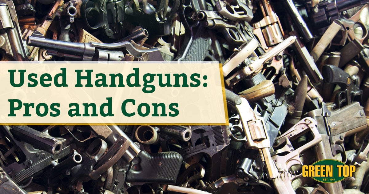 Pile of used handguns with overlay text "Used Handguns: Pros and Cons"