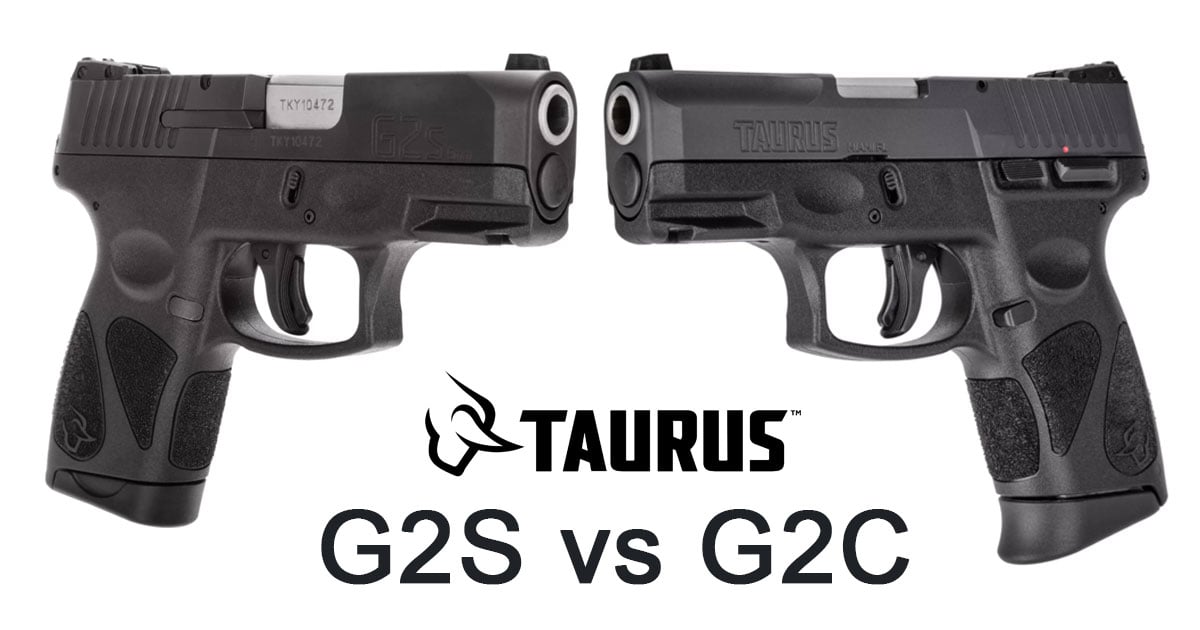 Taurus G2S and G2C Pistols pointing at each other with Taurus logo and text "G2S vs G2C"