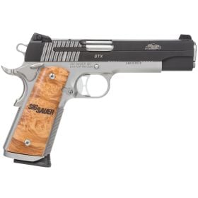 Sig 1911 STX, 45 ACP, 5" Match barrel, 8+1" Capacity,  Black stainless slide, Stainless frame, Night sights, Burled maple grip, 2 Magazines
