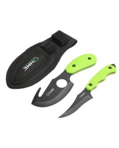 HME Skinning Kit  3.50" Fixed Skinner w/Gut Hook/Caping Plain/Gut Hook Black Oxide 420HC Blade TPR Green Handle