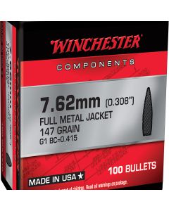 Winchester Ammo Centerfire Rifle Reloading 7.62mm .308 147 gr Full Metal Jacket Boat-Tail (FMJBT) 100 Per Box