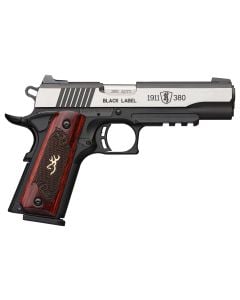 Browning1911-380 BLACK LABEL MEDALLION PRO, 380ACP, 3.63", 8+1 Capacity, SAO, Steel Slide, Poly Frame, Rail, 3-Dot Sights, 2 Magazines, Rosewood Grips