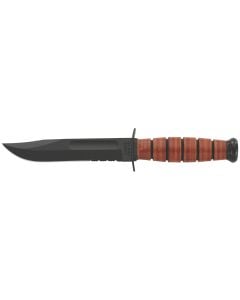 Ka-Bar USMC 5.25" Fixed Clip Point Part Serrated Black 1095 Cro-Van Blade, Brown Leather Handle, Includes Sheath