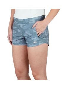 Aftco Women's Impact Camo 3” Fishing Shorts - Light Gray Blur Camo