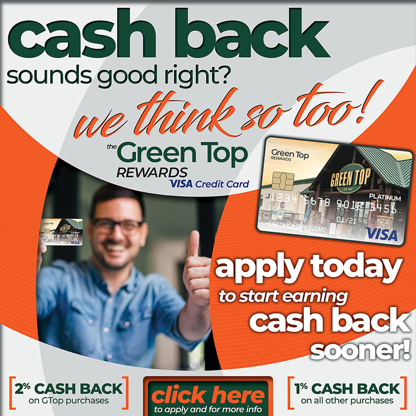 Green Top Visa Card with text "cash back sounds good right"