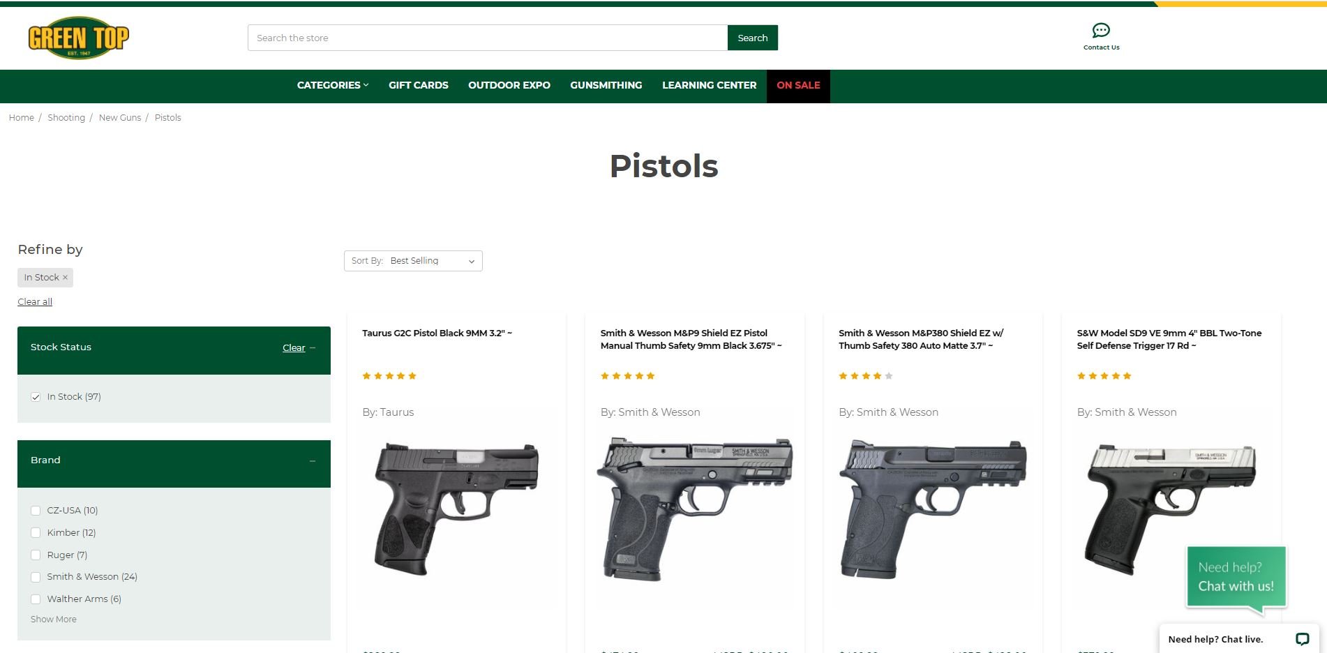 Screenshot of new pistols for sale on the Green Top website